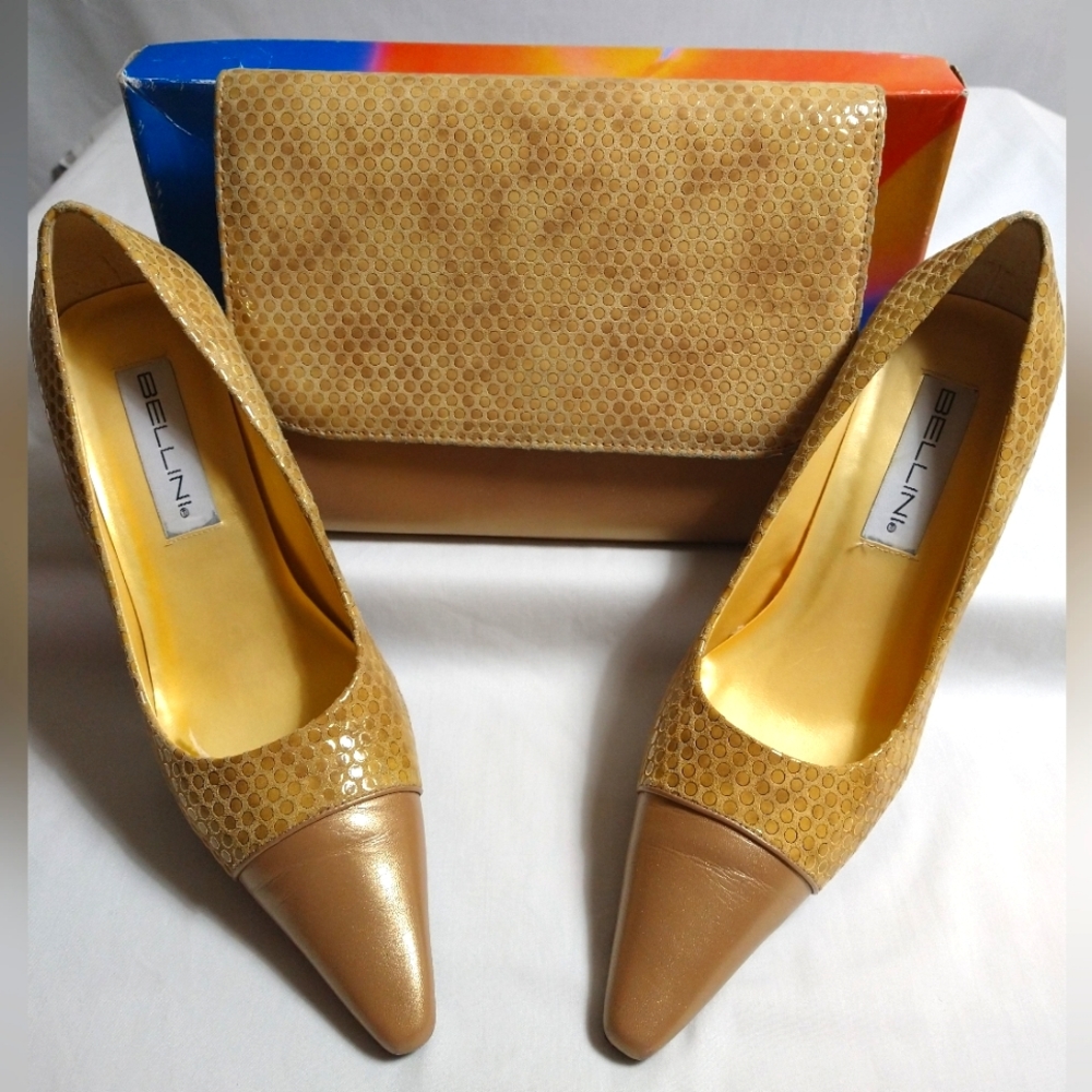 BELLINI GOLD TRISHA LEATHER HIGH HEEL PUMPS WITH CROSS  BODY PURSE 9M USA